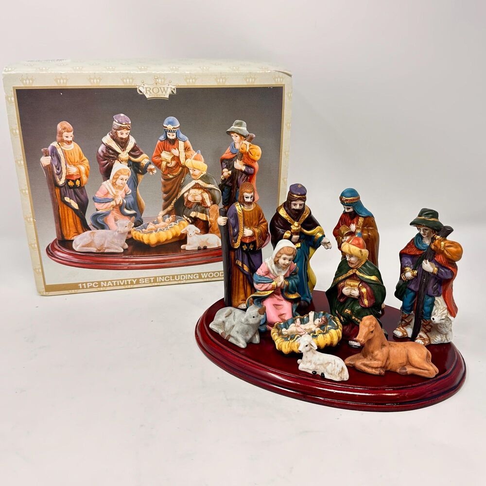 Crown Accents 11 Piece Christmas Nativity Set Ceramic Figurines Wooden Base Box